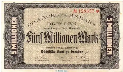 Länderbanknote , 5 Millionen Mark Schein in gbr. SAX-17, Ros.755, S.964 , vom 12.08.1923 , Inflation - Länderbank Sachsen