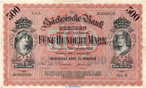 Reichsbanknote , 500 Mark Schein in gbr. SAX-9.a, Ros.747, S.953 vom 02.01.1911 , Kaiserreich - Länderbanknote Sachsen