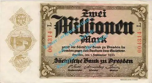 Banknote , 2 Millionen Mark Schein in gbr. SAX-20, Ros.758, S.963, Länderbank 1923 Sachsen