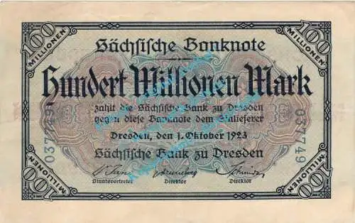 Banknote , 100 Millionen Mark Schein in gbr. SAX-21, Ros.759, S.965, Länderbank 1923 Sachsen