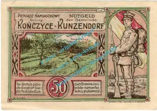 Kunzendorf , Notgeld 50 Pfennig Schein in kfr. M-G 750.1.a , Oberschlesien 1922 Seriennotgeld