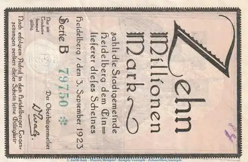 Notgeld Heidelberg , 10 Millionen Mark Schein in gbr. Eschenbach B , Keller 2279.k , 03.09.1923 , Baden Großnotgeld