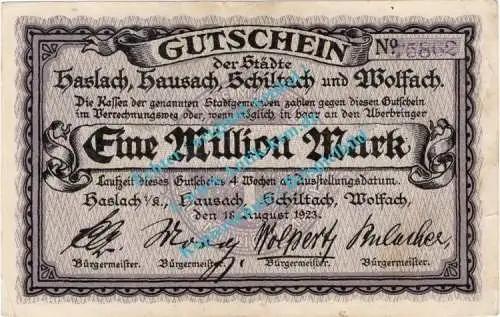 Haslach usw. Banknote 1 Million Mark Schein in gbr. Keller 2244.a-b , Baden 1923 Grossnotgeld - Inflation