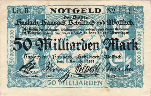 Haslach usw. Banknote 50 Milliarden Mark Schein in f-kfr. Keller 2244.c , Baden 1923 Grossnotgeld - Inflation