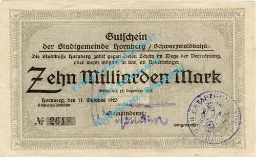 Hornberg , Banknote 10 Milliarden Mark Schein in gbr. Keller 2448.b , Baden 1923 Grossnotgeld - Inflation