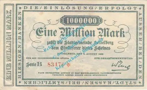 Heidelberg , Banknote 1 Million Mark Schein in gbr. Keller 2279.d-f , Baden 1923 Grossnotgeld - Inflation