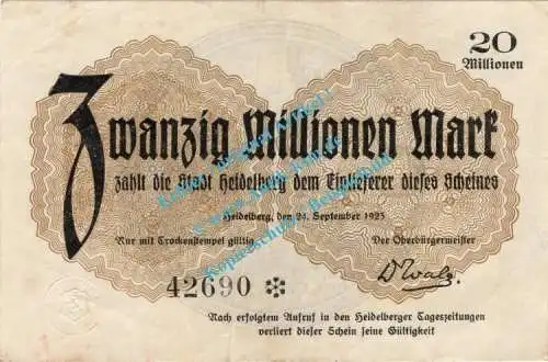 Heidelberg , Banknote 20 Millionen Mark Schein in gbr. Keller 2279.L , Baden 1923 Grossnotgeld - Inflation