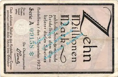 Heidelberg , Banknote 10 Millionen Mark Schein in gbr. Keller 2279.i , Baden 1923 Grossnotgeld - Inflation