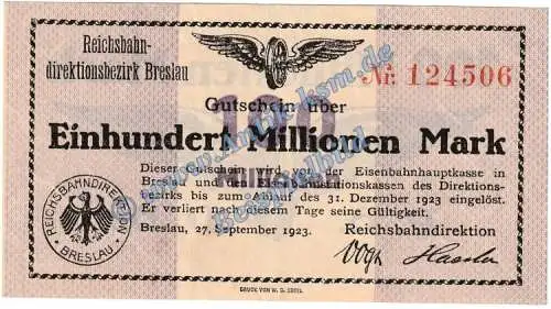 Breslau , Banknote 100 Millionen Mark Schein in kfr. Keller 603.c Schlesien 1923 Grossnotgeld Inflation