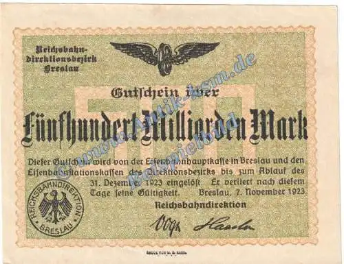 Breslau , Banknote 500 Milliarden Mark Schein in kfr. Keller 603.g Schlesien 1923 Grossnotgeld Inflation