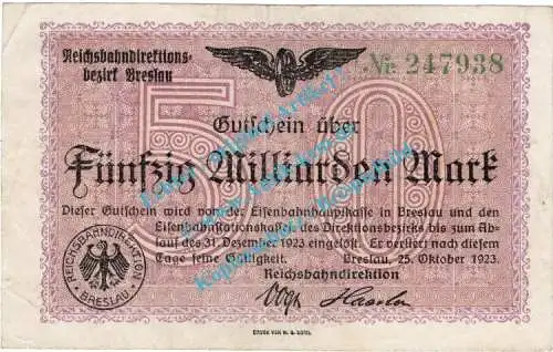 Breslau , Notgeld 50 Milliarden Mark Schein in gbr. Keller 603.f , Schlesien 1923 Inflation