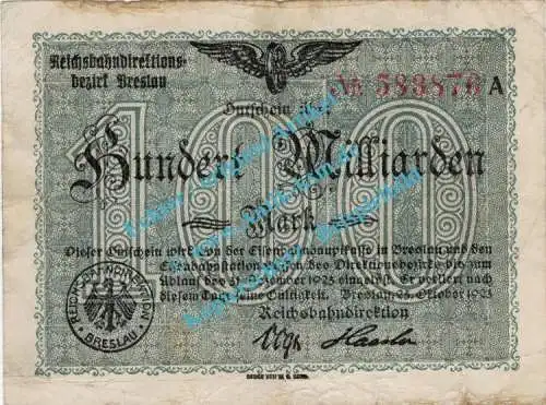 Breslau , Notgeld 100 Milliarden Mark Schein in gbr. Keller 603.f , Schlesien 1923 Inflation