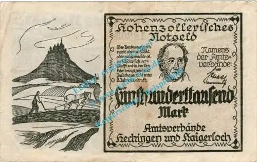 Hechingen und Haigerloch , Banknote 500.000 Mark Schein in gbr. Keller 2277.a , Hohenzollern o.D. Grossnotgeld - Inflation