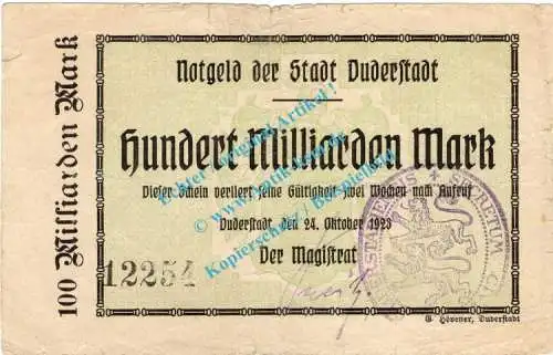 Duderstadt , Notgeld 100 Milliarden Mark Schein in gbr. Keller 1127.a , Niedersachsen 1923 Inflation