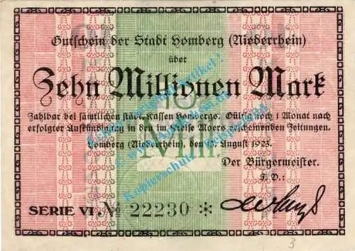 Homberg , Banknote 10 Millionen Mark Schein in kfr. Keller 2441.c , Rheinland 1923 Grossnotgeld - Inflation