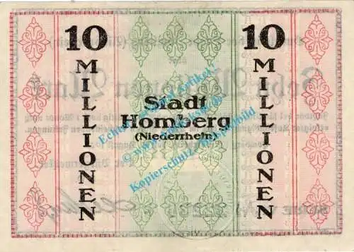 Homberg , Banknote 10 Millionen Mark Schein in kfr. Keller 2441.c , Rheinland 1923 Grossnotgeld - Inflation