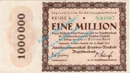 Dresden , Notgeld 1 Million Mark Schein in gbr. Keller 1121.a , Sachsen 1923 Inflation