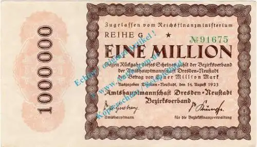 Dresden , Notgeld 1 Million Mark Schein in kfr. Keller 1121.a , Sachsen 1923 Inflation