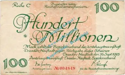 Dresden , Notgeld 100 Millionen Mark Schein in gbr. Bühn 1310.13 , Sachsen 1923 Inflation