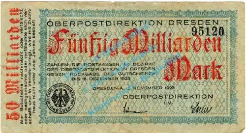 Dresden , Notgeld 50 Milliarden Mark Schein in gbr. Bühn 1258.2 , Sachsen 1923 Inflation