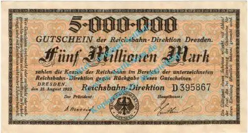 Dresden , Notgeld 5 Millionen Mark Schein in L-gbr. Bühn 1197.6 , Sachsen 1923 Inflation