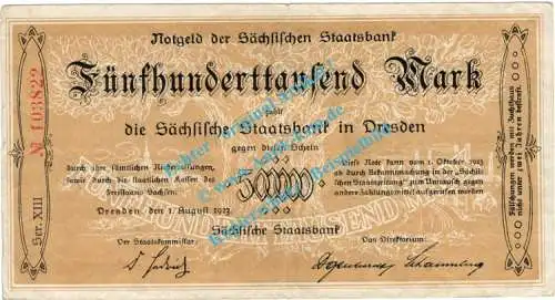 Dresden , Notgeld 500.000 Mark Schein in gbr. Keller 1109.a , Sachsen 1923 Inflation
