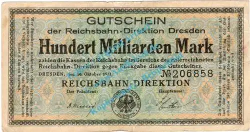 Dresden , Notgeld 100 Milliarden Mark Schein in gbr. Bühn 1197.9 , Sachsen 1923 Inflation