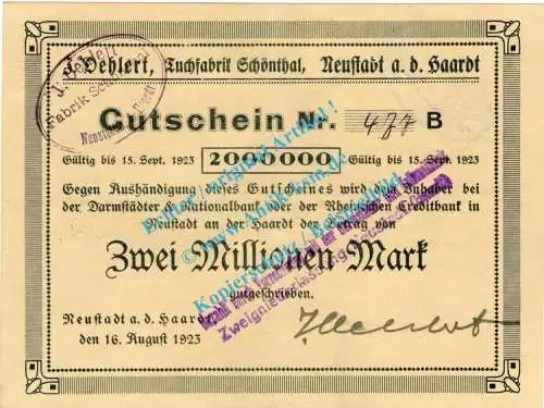 Neustadt , Notgeld 2 Millionen Mark -J.Oehlert- Schein in f-kfr. Keller 3869.f , Pfalz 1923 Inflation