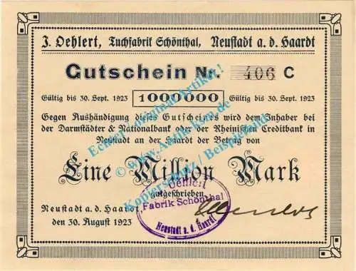 Neustadt , Notgeld 1 Million Mark -J.Oehlert- Schein in kfr. Keller 3869.g , Pfalz 1923 Inflation