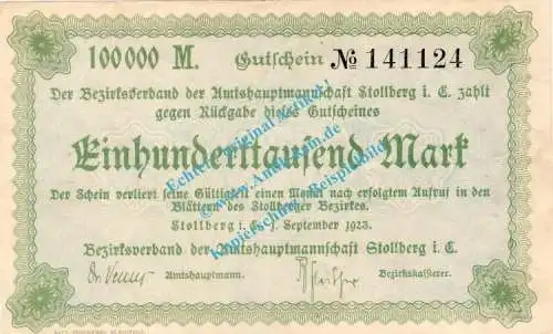 Stollberg , Notgeld 100.000 Mark Schein in L-gbr. Bühn 6840.30.b , Sachsen 1923 Inflation