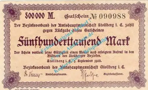 Stollberg , Notgeld 500.000 Mark Schein in kfr. Bühn 6840.31 , Sachsen 1923 Inflation