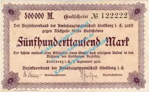 Stollberg , Notgeld 500.000 Mark Schein in L-gbr. Bühn 6840.31 , Sachsen 1923 Inflation