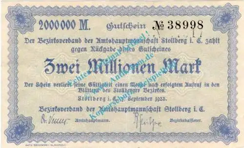 Stollberg , Notgeld 2 Millionen Mark Schein in gbr. Bühn 6840.33 , Sachsen 1923 Inflation