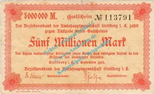 Stollberg , Notgeld 5 Millionen Mark Schein in gbr. Bühn 6840.34 , Sachsen 1923 Inflation