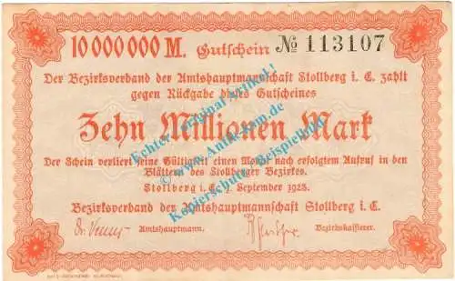Stollberg , Notgeld 10 Millionen Mark Schein in kfr. Bühn 6840.35.b , Sachsen 1923 Inflation