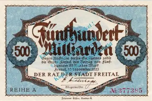 Freital , Banknote 500 Milliarden Mark Schein in kfr. Keller 1603.i , Sachsen 1923 Grossnotgeld - Inflation