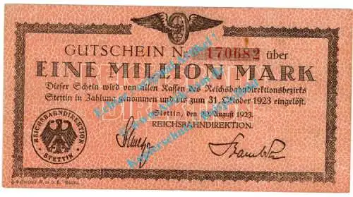 Stettin , Notgeld 1 Million Mark Schein in gbr. Keller 4884.d , Pommern 1923 Inflation