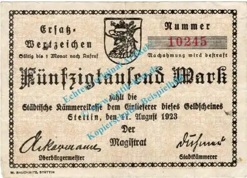 Stettin , Notgeld 50.000 Mark Schein in gbr. Keller 4880.a , Pommern 1923 Inflation