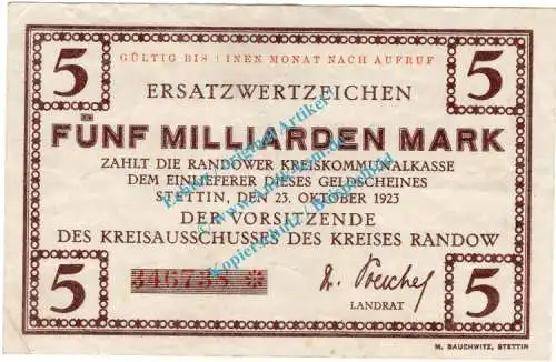 Randow , Notgeld 5 Milliarden Mark Schein in gbr. Keller 4424.c , Pommern 1923 Inflation