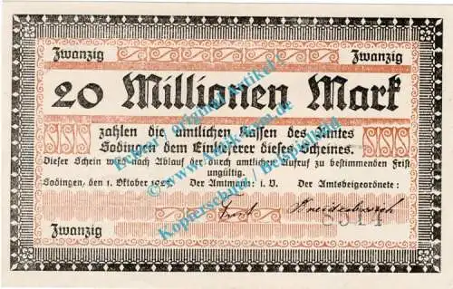Sodingen , Notgeld 20 Millionen Mark Schein in kfr. Topp 814.7 , Westfalen 1923 Inflation