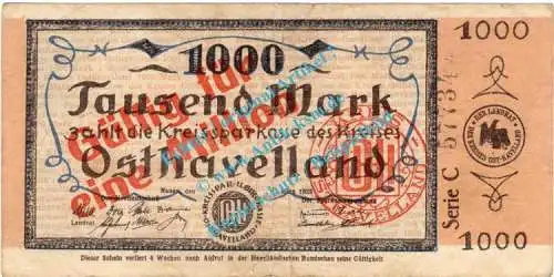 Nauen , Notgeld 1 Million Mark -Überdruck- in gbr. Müller 3065.W9 , Brandenburg 1923 Inflation