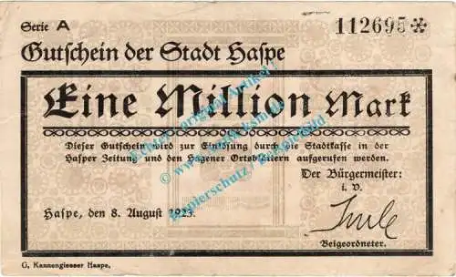 Haspe , Banknote 1 Million Mark Schein in gbr. Keller 2246... Westfalen 1923 Grossnotgeld - Inflation