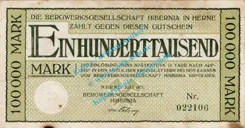 Herne , Banknote 100.000 Mark Schein in gbr. Keller 2343.a , Westfalen 1923 Grossnotgeld - Inflation