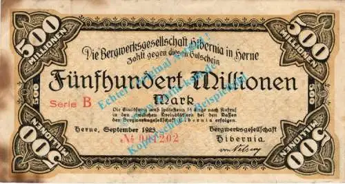 Herne , Banknote 500 Millionen Mark Schein in gbr. Keller 2343.i , Westfalen 1923 Grossnotgeld - Inflation