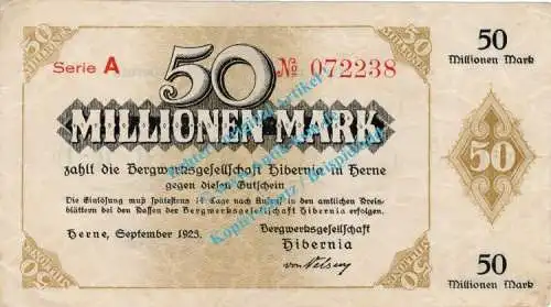 Herne , Banknote 50 Millionen Mark Schein in gbr. Keller 2343.i , Westfalen 1923 Grossnotgeld - Inflation