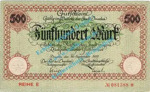 Dresden , Notgeld 500 Mark Schein in kfr. Bühn 1130.9 , Sachsen 1922 Grossnotgeld