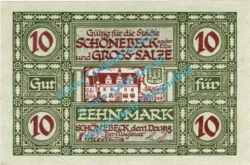 Schönebeck , Notgeld 10 Mark Schein in kfr.E , Geiger 481.02 , Sachsen Anhalt 1918 Großnotgeld