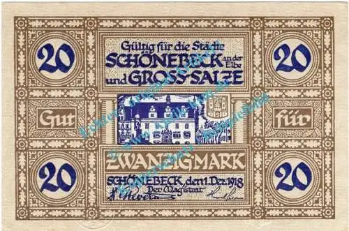 Schönebeck , Notgeld 20 Mark Schein in kfr.E , Geiger 481.03 , Sachsen Anhalt 1918 Großnotgeld