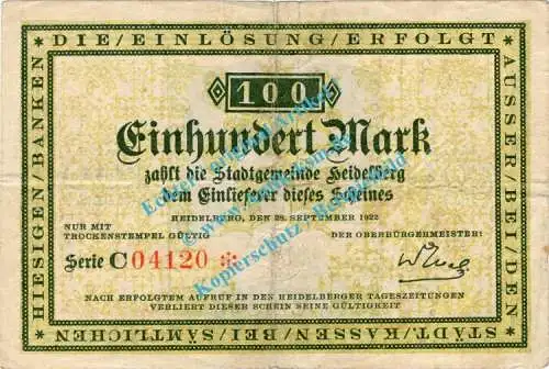 Heidelberg , Banknote 100 Mark Schein in gbr. Müller 2070.7 , Baden 1922-23 Grossnotgeld - Inflation