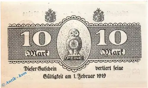 Peine , Notgeld 10 Mark Schein in kfr. Geiger 410.08 , Niedersachsen 1918 Grossnotgeld